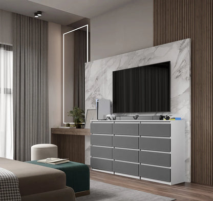 GABRIEL - Kommode / Sideboard mit 12 Schubladen (8+4) - Weiß Matt / Anthrazit H92cm B180cm T33cm – Furnica