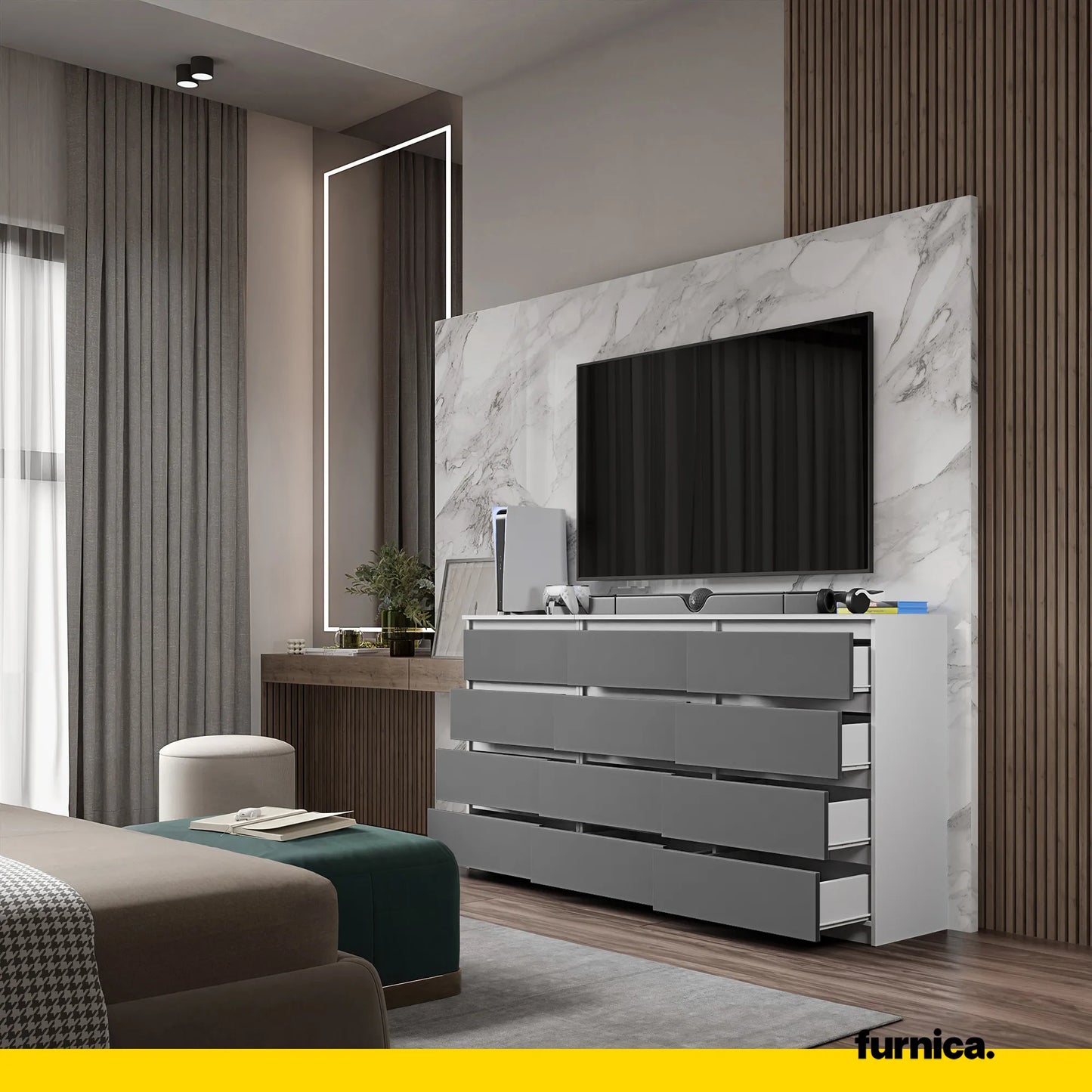 GABRIEL - Kommode / Sideboard mit 12 Schubladen (8+4) - Weiß Matt / Anthrazit H92cm B180cm T33cm – Furnica