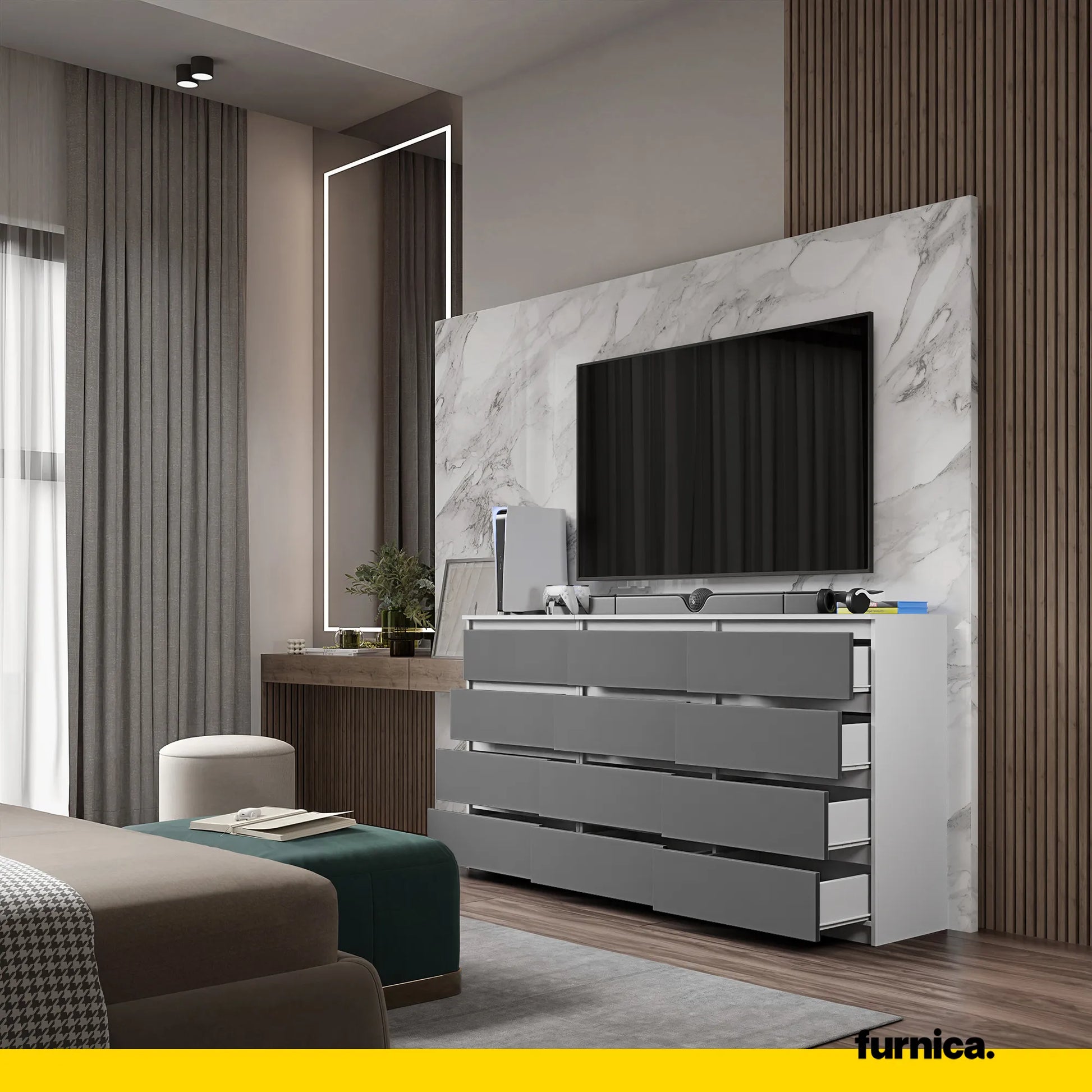 GABRIEL - Kommode / Sideboard mit 12 Schubladen (8+4) - Weiß Matt / Anthrazit H92cm B180cm T33cm – Furnica