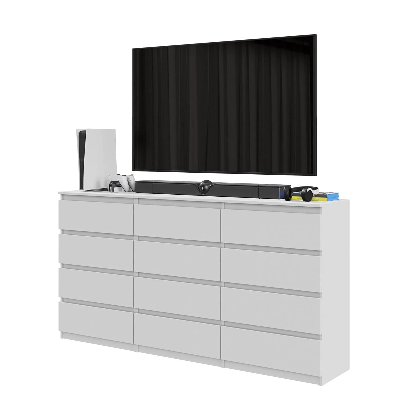 GABRIEL - Kommode / Sideboard mit 12 Schubladen (8+4) - Weiß Matt H92cm B180cm T33cm – Furnica