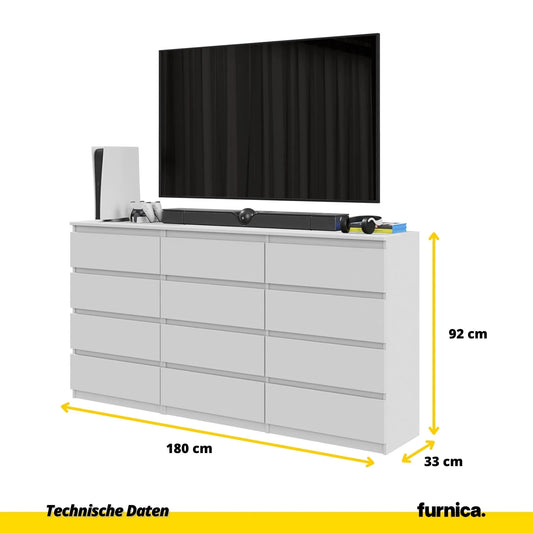 GABRIEL - Kommode / Sideboard mit 12 Schubladen (8+4) - Weiß Matt H92cm B180cm T33cm – Furnica