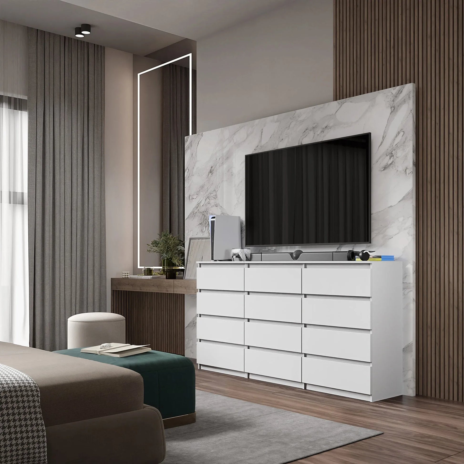 GABRIEL - Kommode / Sideboard mit 12 Schubladen (8+4) - Weiß Matt H92cm B180cm T33cm – Furnica