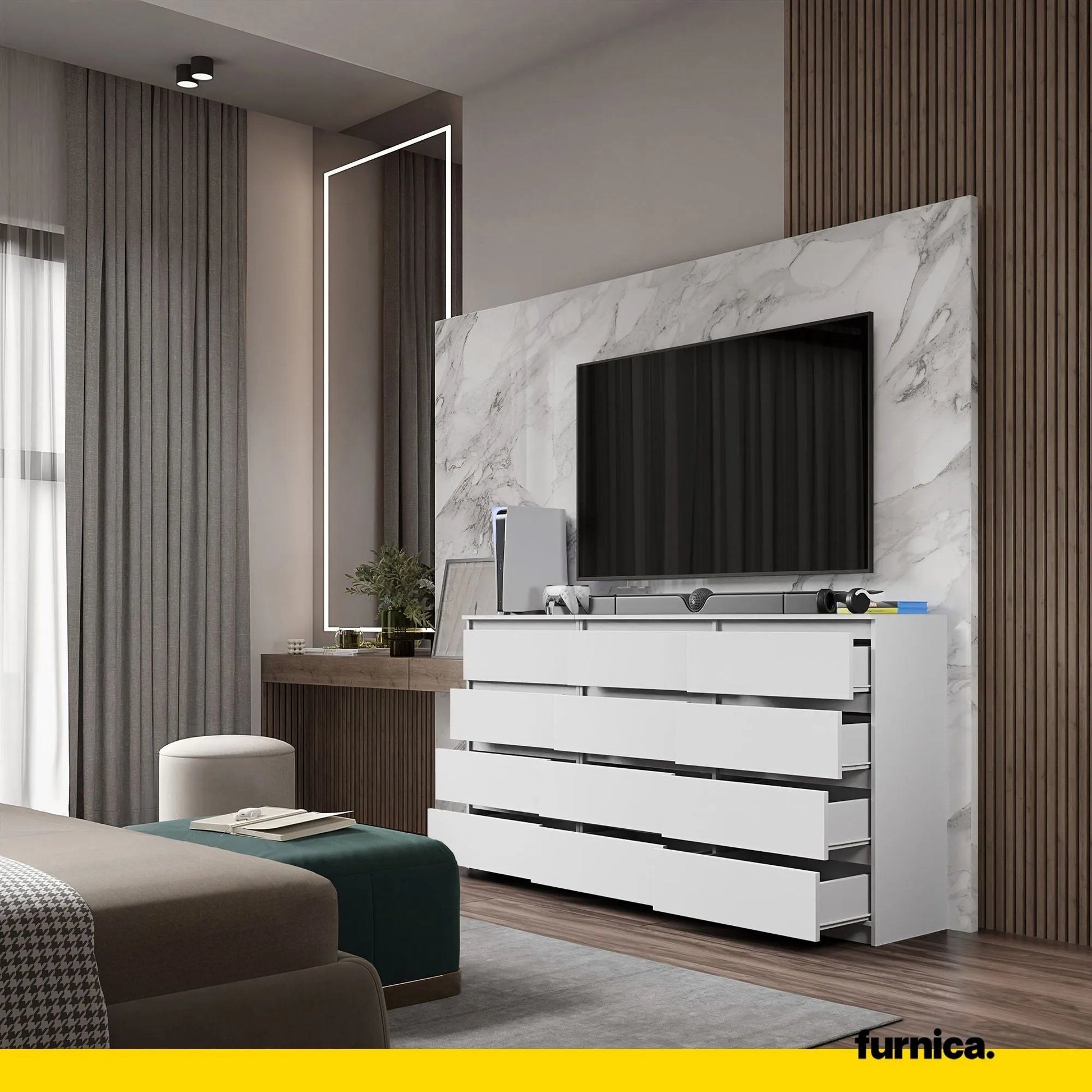 GABRIEL - Kommode / Sideboard mit 12 Schubladen (8+4) - Weiß Matt H92cm B180cm T33cm – Furnica