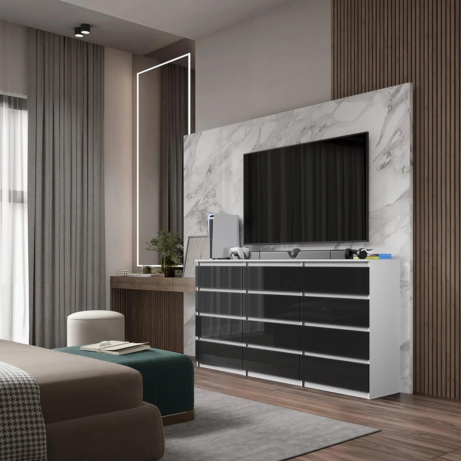 GABRIEL - Kommode / Sideboard mit 12 Schubladen (8+4) - Weiß Matt / Schwarz Gloss H92cm B180cm T33cm – Furnica
