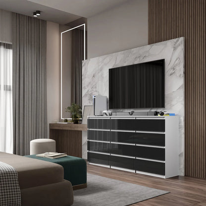 GABRIEL - Kommode / Sideboard mit 12 Schubladen (8+4) - Weiß Matt / Schwarz Gloss H92cm B180cm T33cm – Furnica