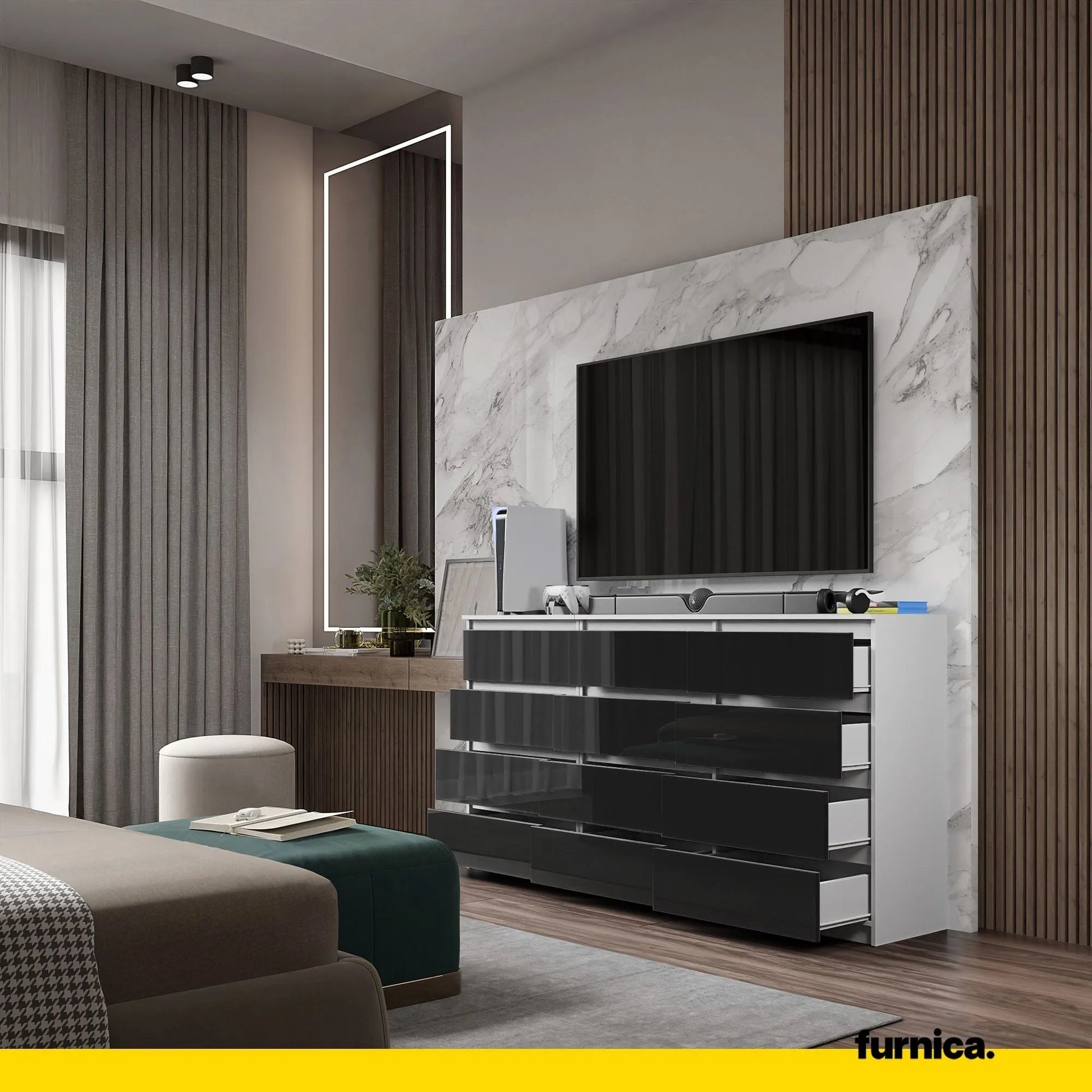 GABRIEL - Kommode / Sideboard mit 12 Schubladen (8+4) - Weiß Matt / Schwarz Gloss H92cm B180cm T33cm – Furnica
