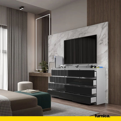 GABRIEL - Kommode / Sideboard mit 12 Schubladen (8+4) - Weiß Matt / Schwarz Gloss H92cm B180cm T33cm – Furnica