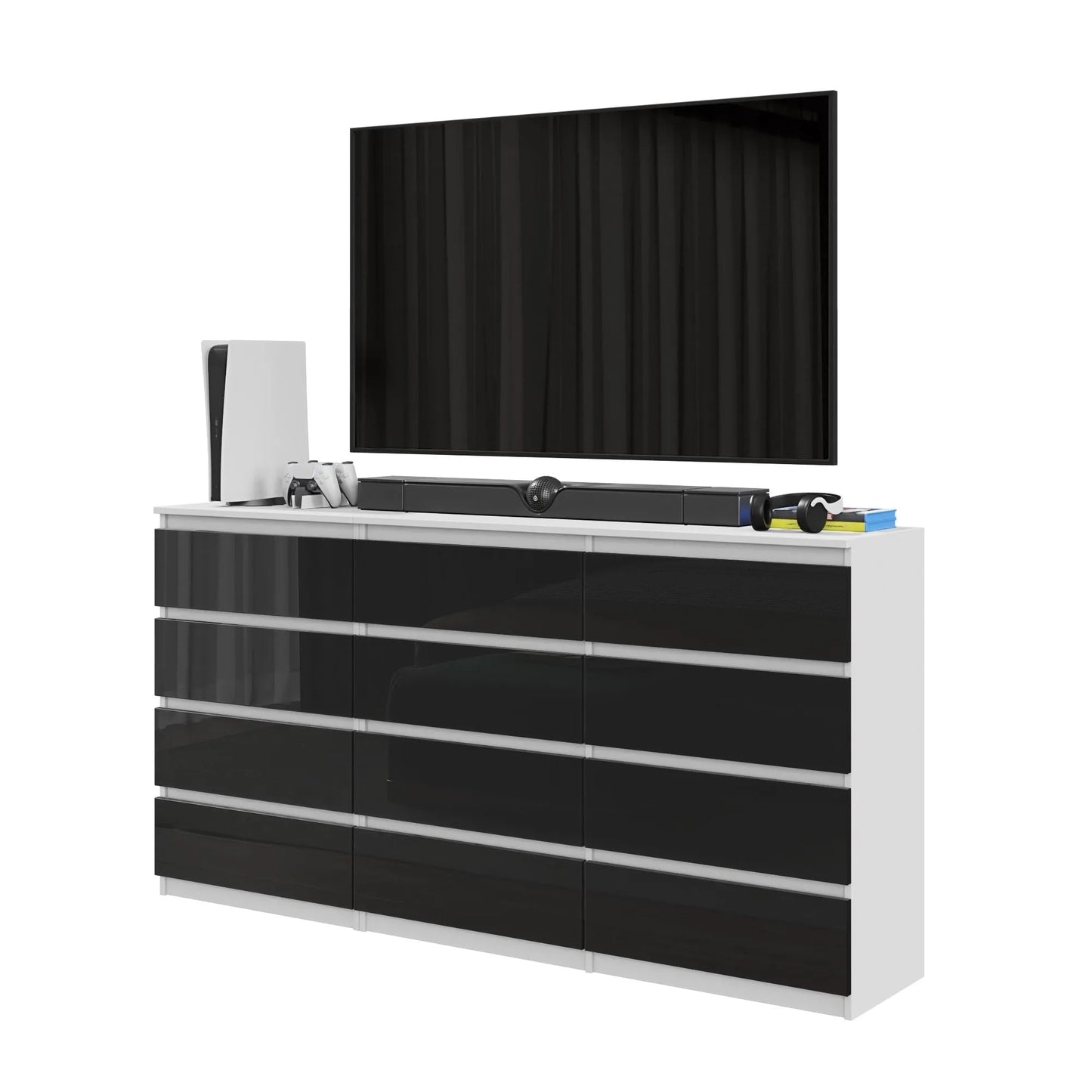 GABRIEL - Kommode / Sideboard mit 12 Schubladen (8+4) - Weiß Matt / Schwarz Gloss H92cm B180cm T33cm – Furnica