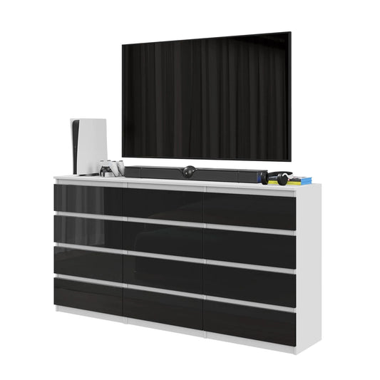 GABRIEL - Kommode / Sideboard mit 12 Schubladen (8+4) - Weiß Matt / Schwarz Gloss H92cm B180cm T33cm – Furnica