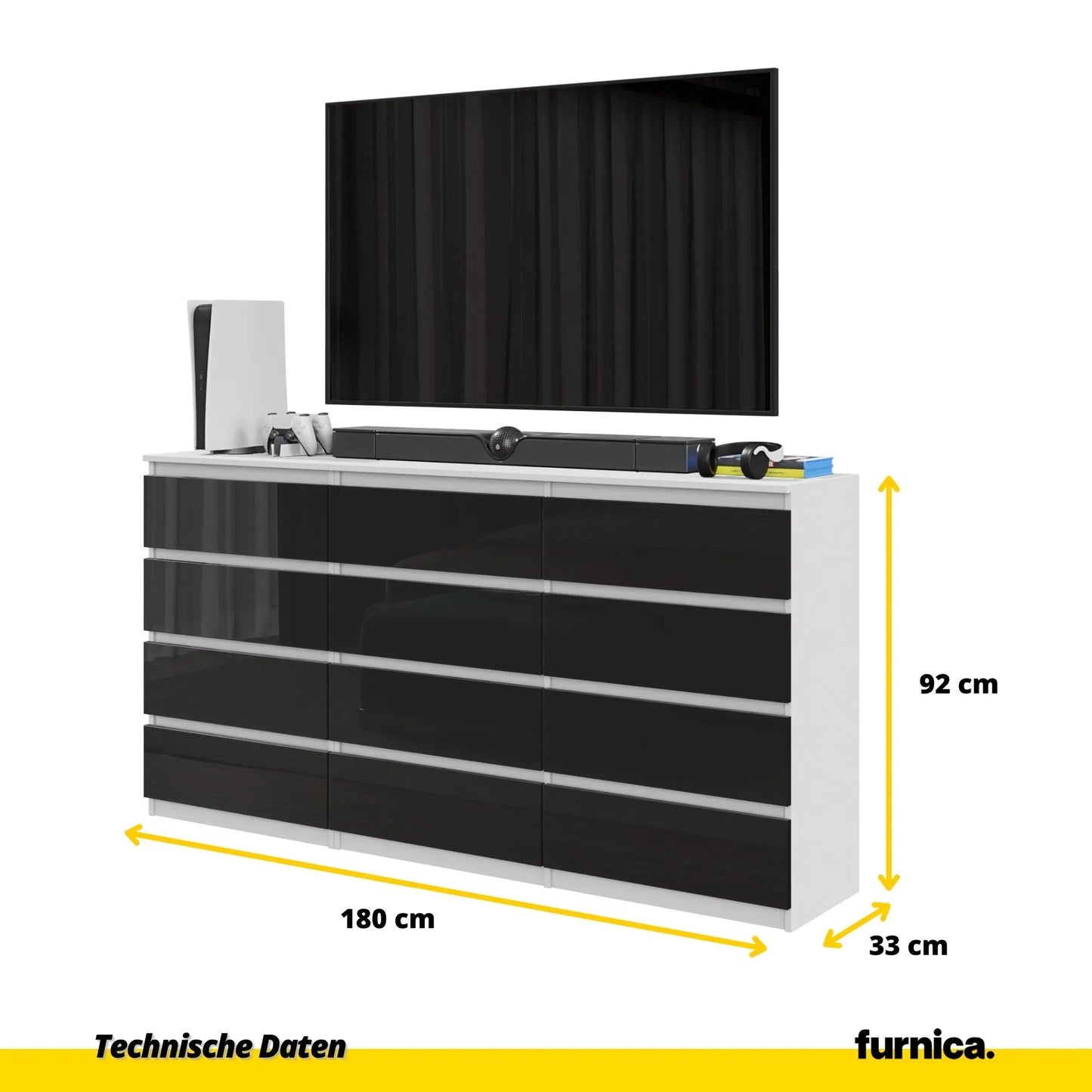 GABRIEL - Kommode / Sideboard mit 12 Schubladen (8+4) - Weiß Matt / Schwarz Gloss H92cm B180cm T33cm – Furnica
