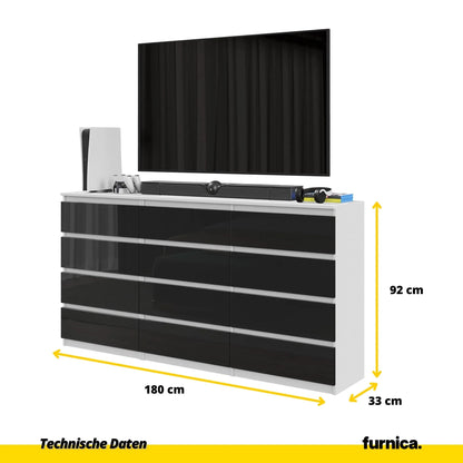 GABRIEL - Kommode / Sideboard mit 12 Schubladen (8+4) - Weiß Matt / Schwarz Gloss H92cm B180cm T33cm – Furnica
