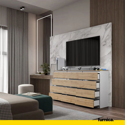 GABRIEL - Kommode / Sideboard mit 12 Schubladen (8+4) - Weiß Matt / Wotan Eiche H92cm B180cm T33cm – Furnica