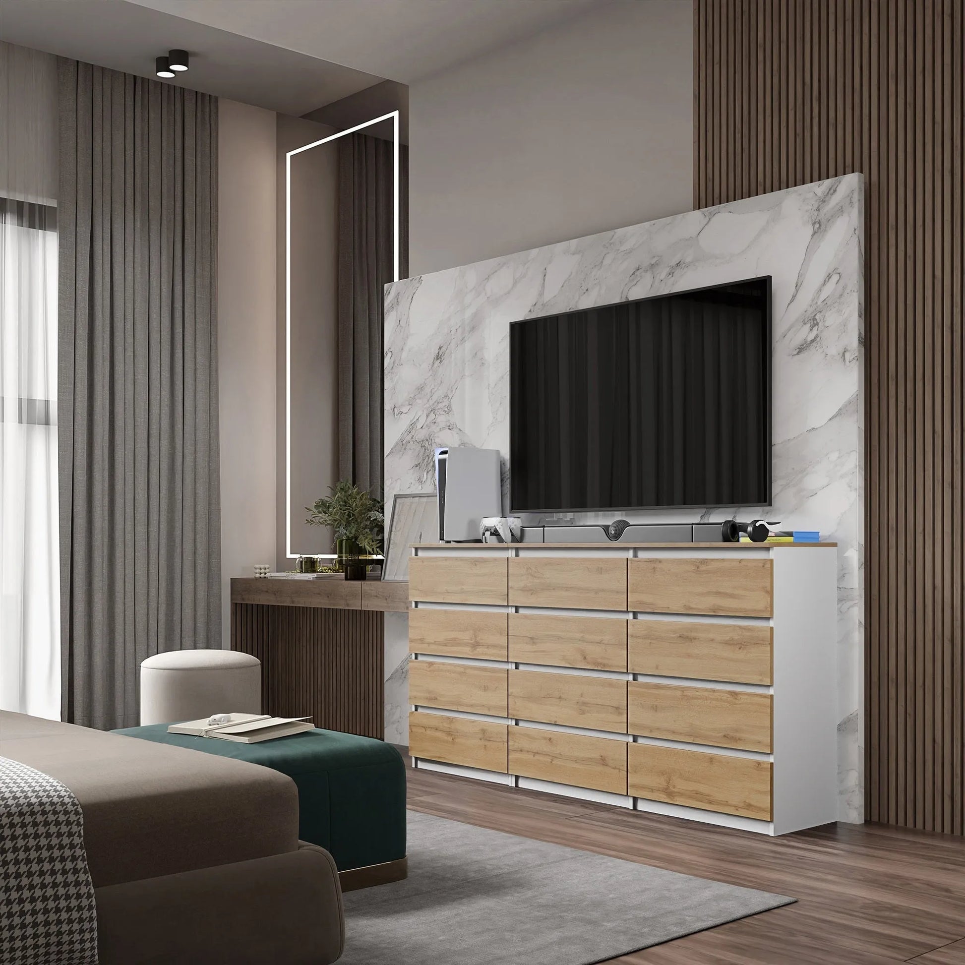 GABRIEL - Kommode / Sideboard mit 12 Schubladen (8+4) - Weiß Matt / Wotan Eiche H92cm B180cm T33cm – Furnica