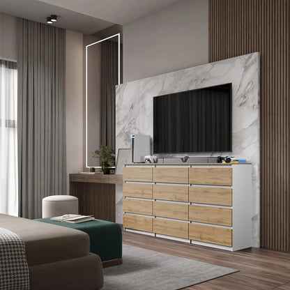 GABRIEL - Kommode / Sideboard mit 12 Schubladen (8+4) - Weiß Matt / Wotan Eiche H92cm B180cm T33cm – Furnica