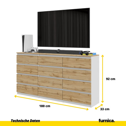 GABRIEL - Kommode / Sideboard mit 12 Schubladen (8+4) - Weiß Matt / Wotan Eiche H92cm B180cm T33cm – Furnica