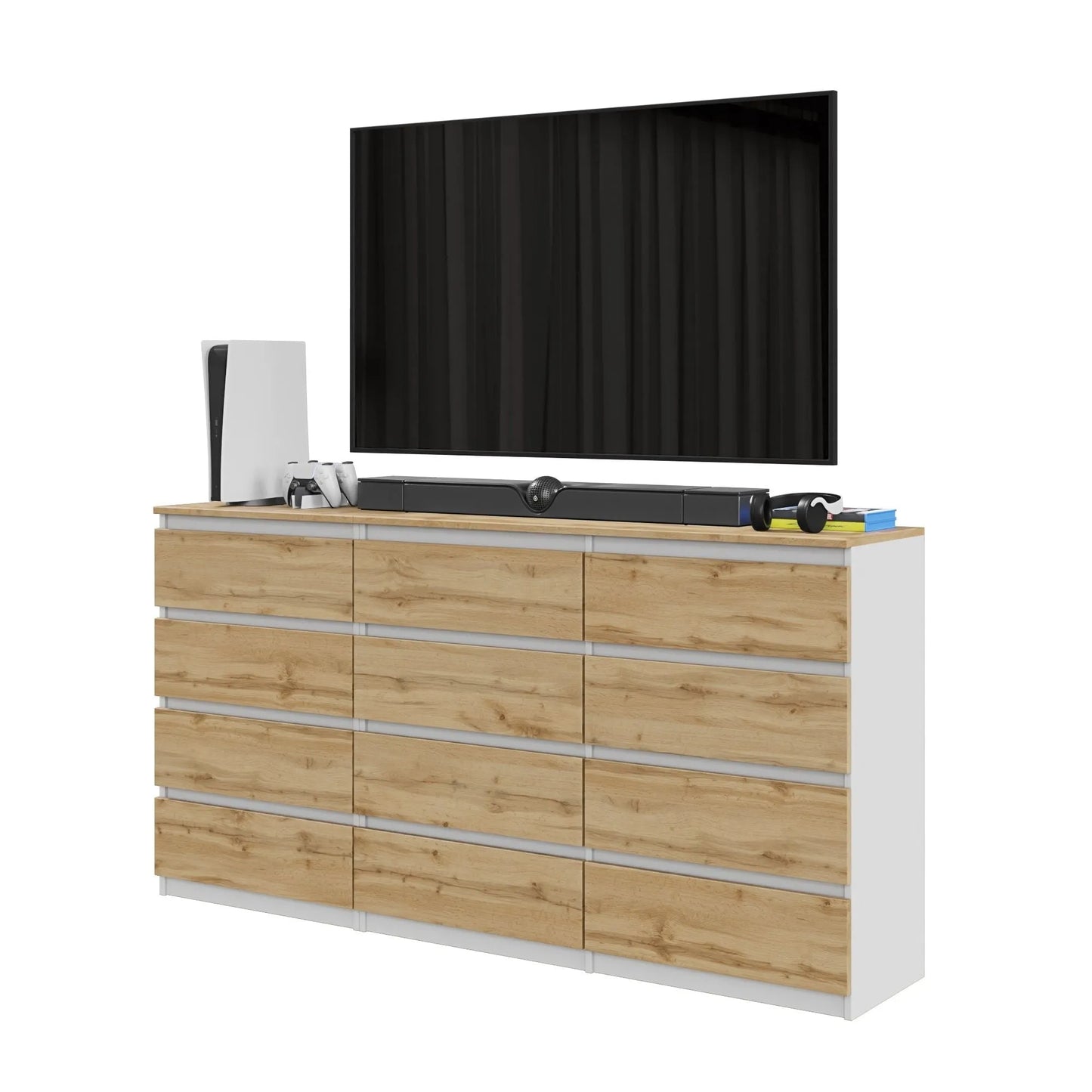 GABRIEL - Kommode / Sideboard mit 12 Schubladen (8+4) - Weiß Matt / Wotan Eiche H92cm B180cm T33cm – Furnica