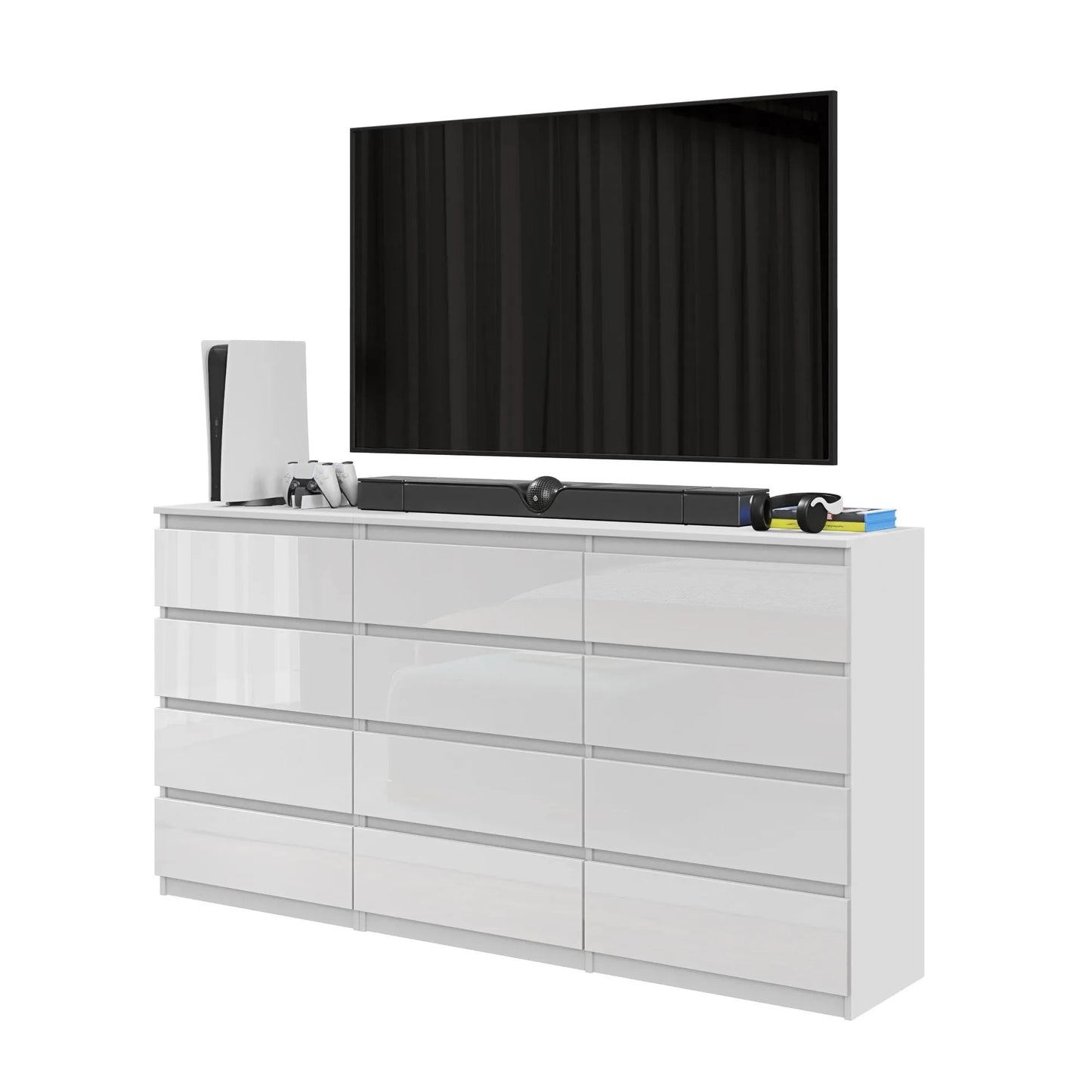 GABRIEL - Kommode / Sideboard mit 12 Schubladen (8+4) - Weißglanz H92cm B180cm T33cm – Furnica