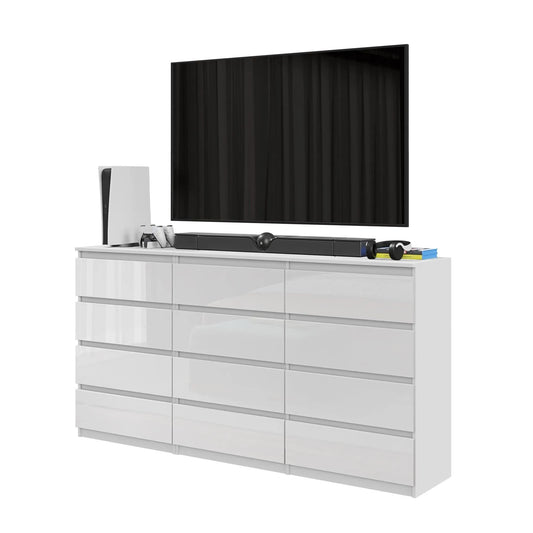GABRIEL - Kommode / Sideboard mit 12 Schubladen (8+4) - Weißglanz H92cm B180cm T33cm – Furnica