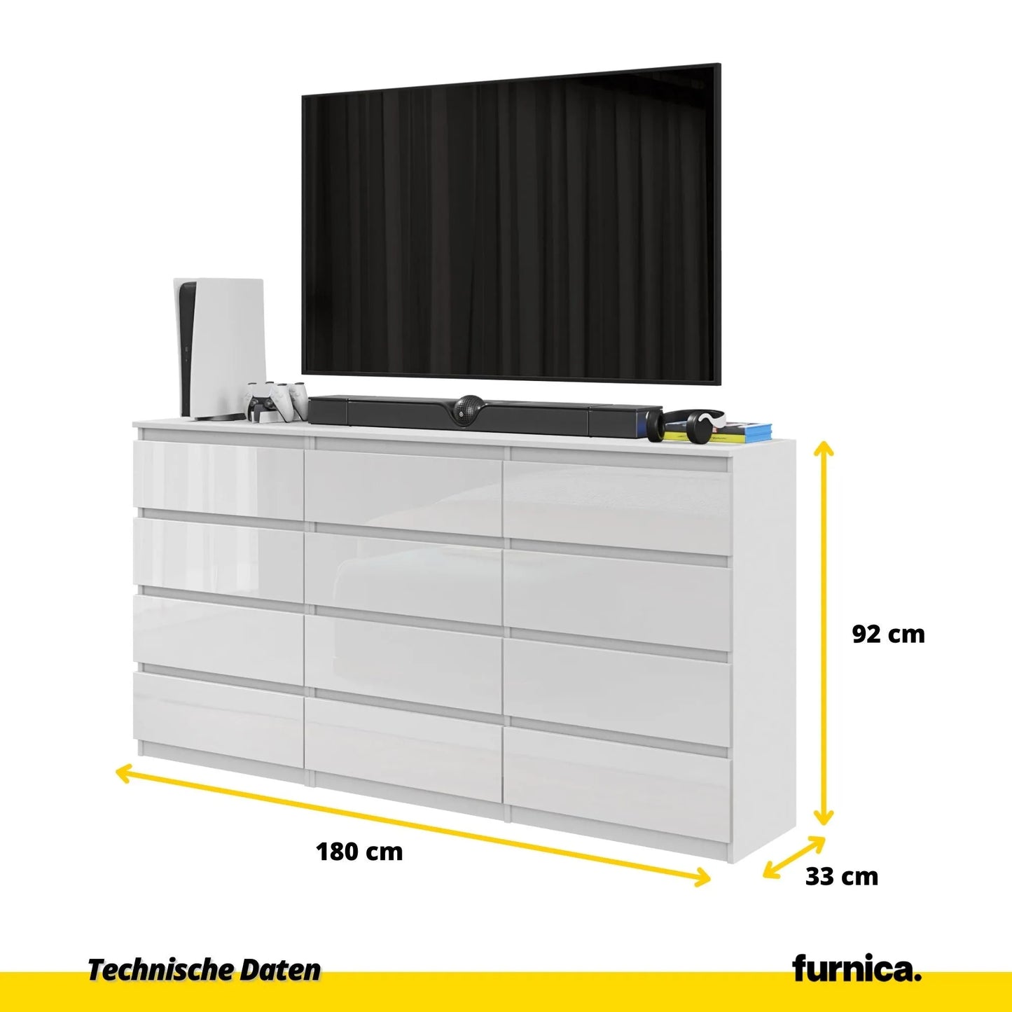 GABRIEL - Kommode / Sideboard mit 12 Schubladen (8+4) - Weißglanz H92cm B180cm T33cm – Furnica