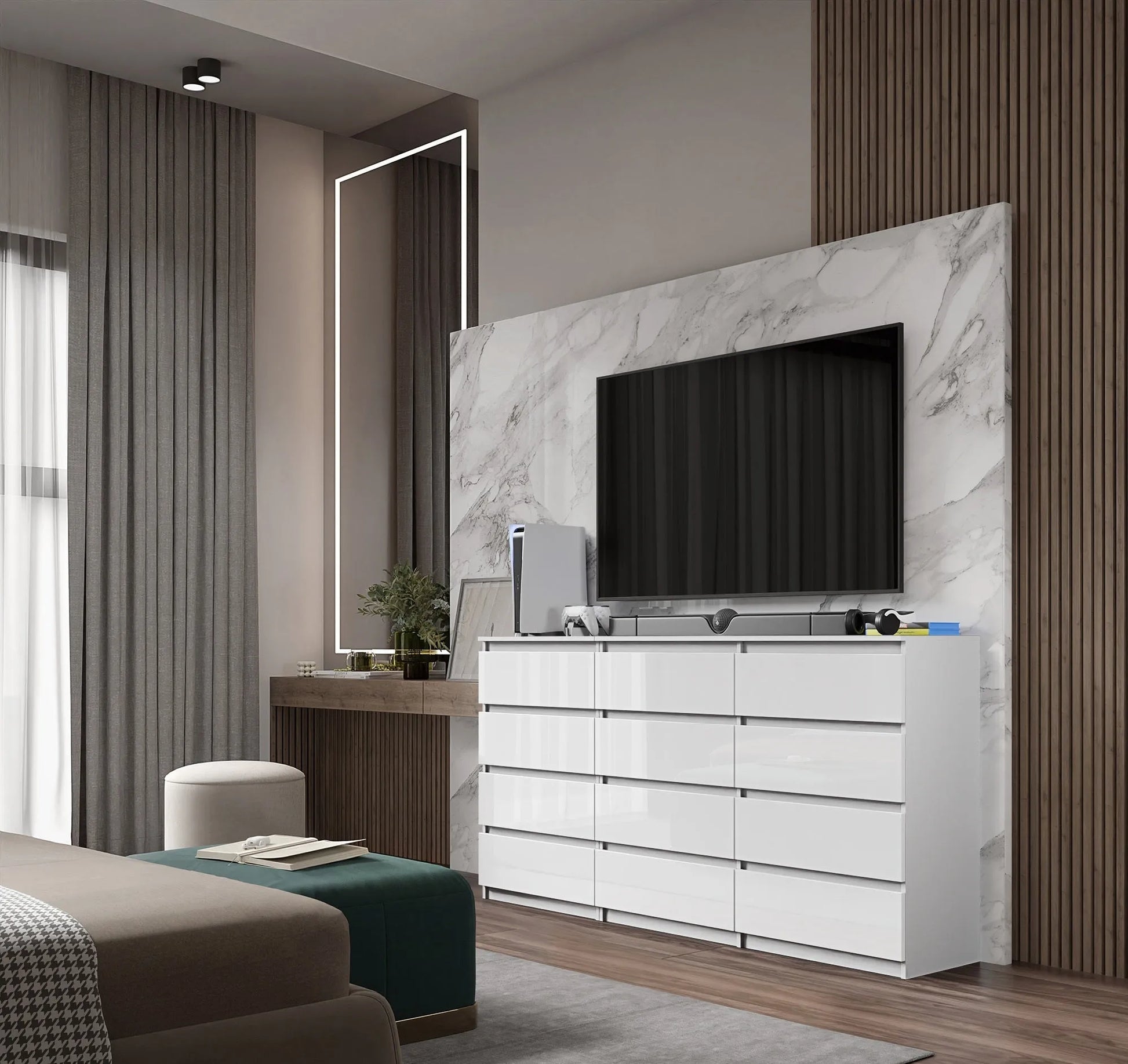 GABRIEL - Kommode / Sideboard mit 12 Schubladen (8+4) - Weißglanz H92cm B180cm T33cm – Furnica