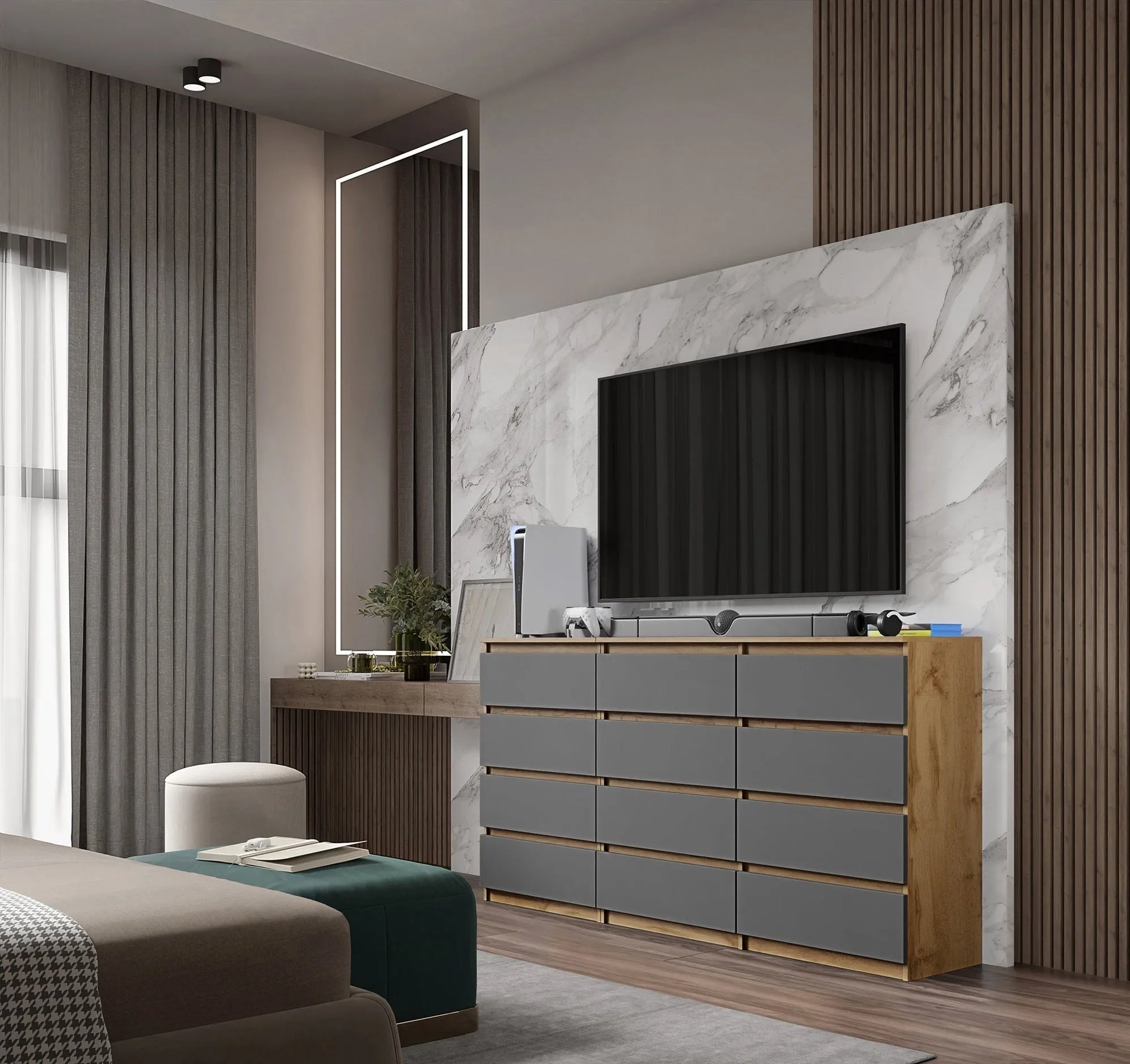 GABRIEL - Kommode / Sideboard mit 12 Schubladen (8+4) - Wotan Eiche / Anthrazit H92cm B180cm T33cm – Furnica