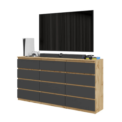 GABRIEL - Kommode / Sideboard mit 12 Schubladen (8+4) - Wotan Eiche / Anthrazit H92cm B180cm T33cm – Furnica