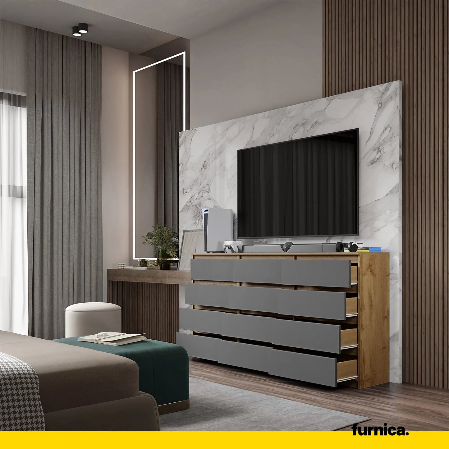 GABRIEL - Kommode / Sideboard mit 12 Schubladen (8+4) - Wotan Eiche / Anthrazit H92cm B180cm T33cm – Furnica