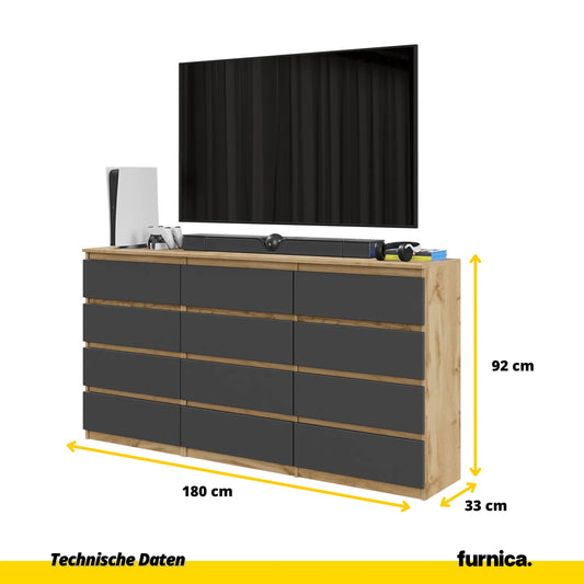GABRIEL - Kommode / Sideboard mit 12 Schubladen (8+4) - Wotan Eiche / Anthrazit H92cm B180cm T33cm – Furnica