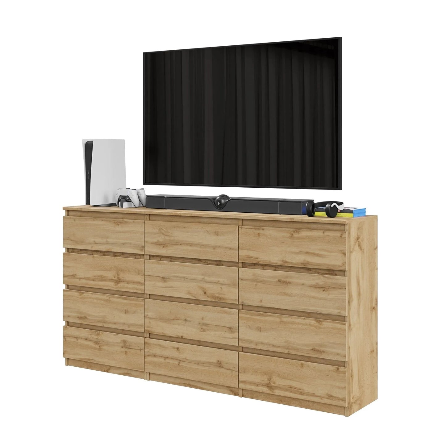 GABRIEL - Kommode / Sideboard mit 12 Schubladen (8+4) - Wotan Eiche H92cm B180cm T33cm – Furnica