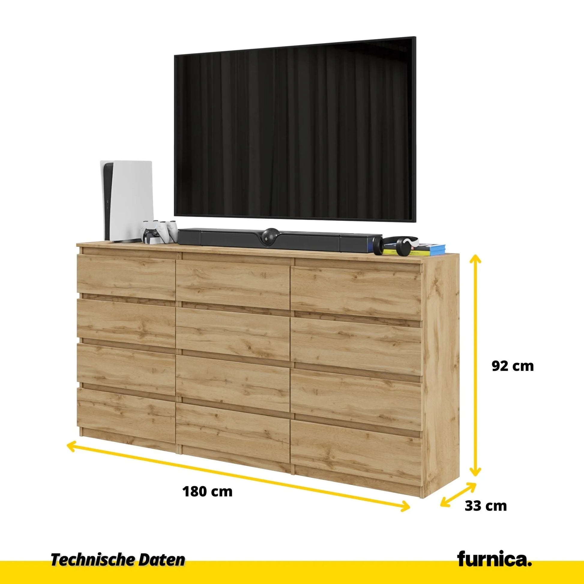 GABRIEL - Kommode / Sideboard mit 12 Schubladen (8+4) - Wotan Eiche H92cm B180cm T33cm – Furnica