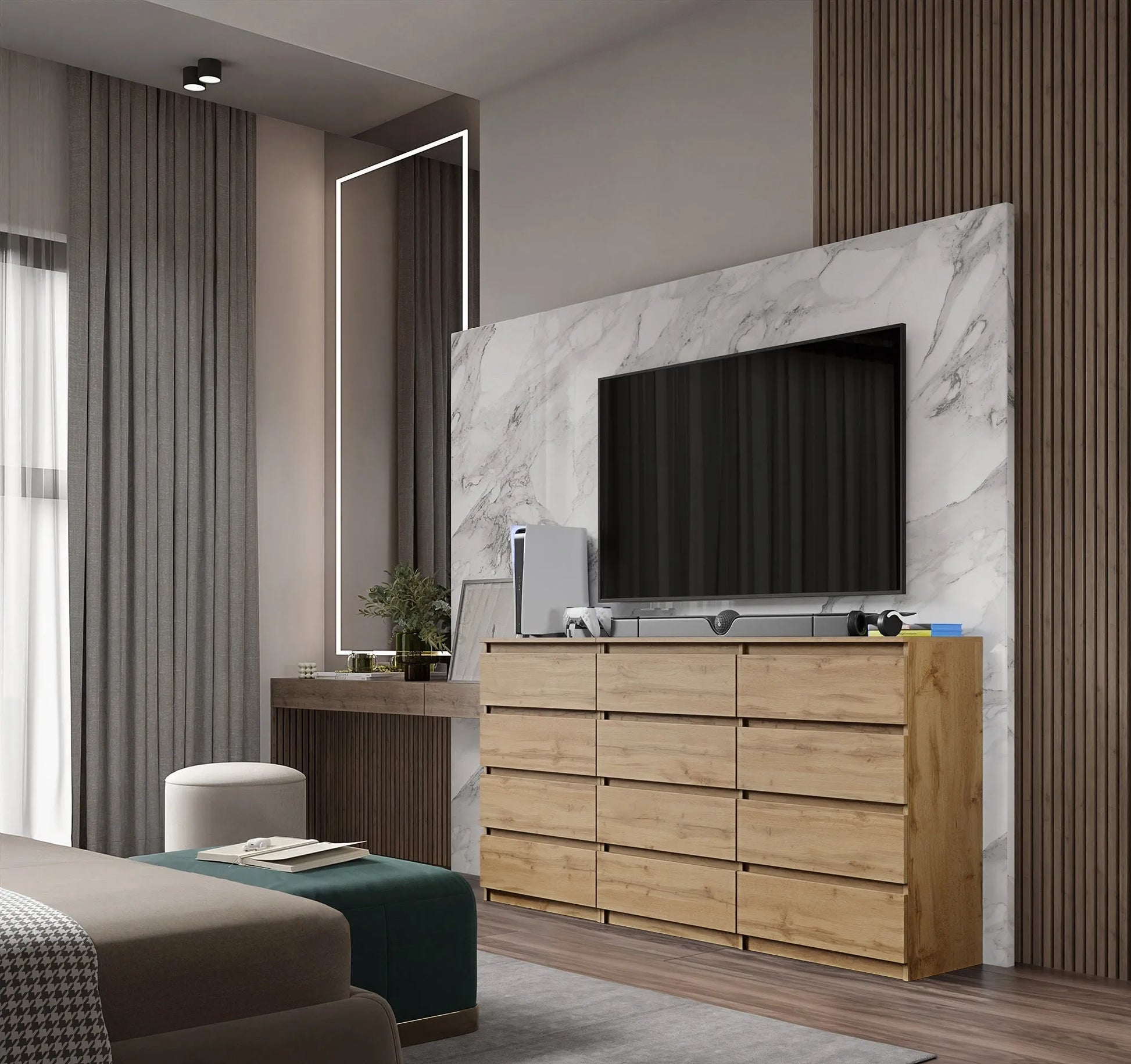 GABRIEL - Kommode / Sideboard mit 12 Schubladen (8+4) - Wotan Eiche H92cm B180cm T33cm – Furnica