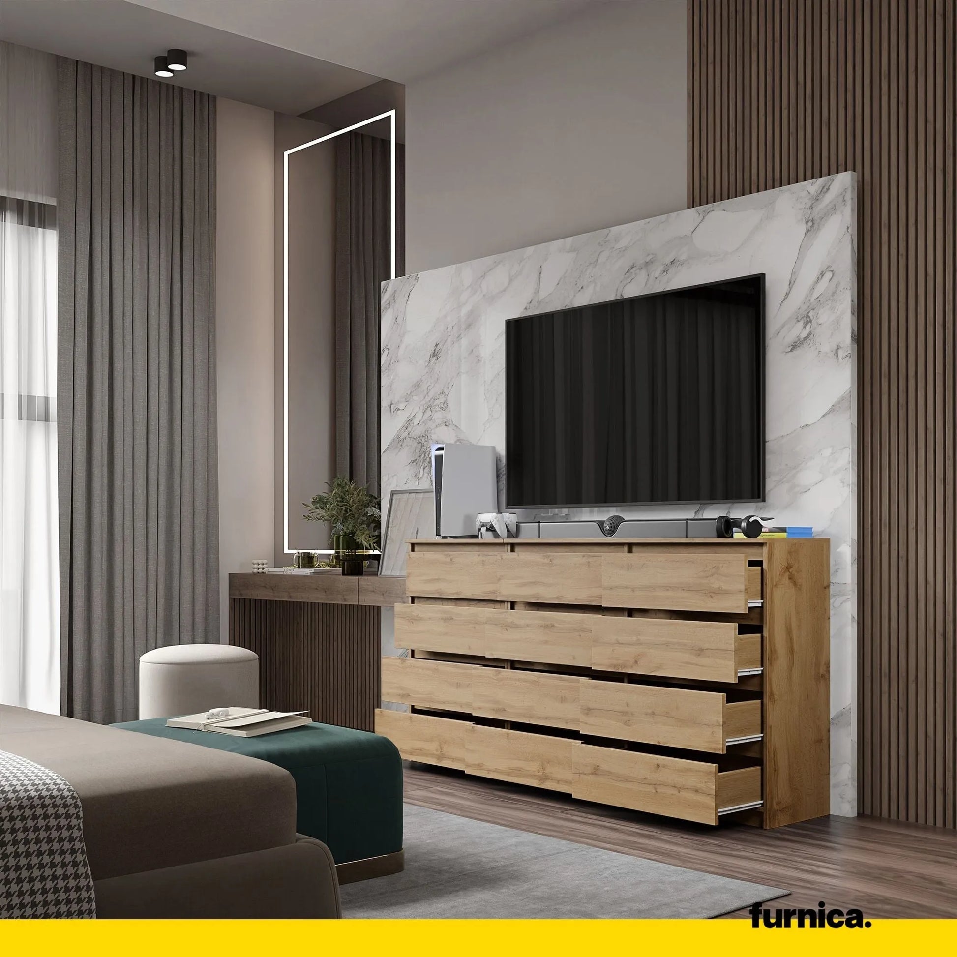 GABRIEL - Kommode / Sideboard mit 12 Schubladen (8+4) - Wotan Eiche H92cm B180cm T33cm – Furnica
