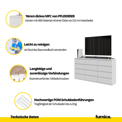 GABRIEL - Kommode / Sideboard mit 12 Schubladen (8+4) - Wotan Eiche / Schwarz Gloss H92cm B180cm T33cm – Furnica