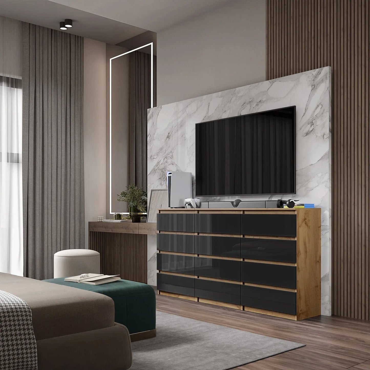 GABRIEL - Kommode / Sideboard mit 12 Schubladen (8+4) - Wotan Eiche / Schwarz Gloss H92cm B180cm T33cm – Furnica
