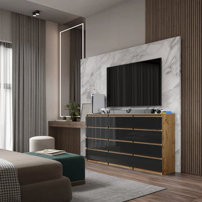 GABRIEL - Kommode / Sideboard mit 12 Schubladen (8+4) - Wotan Eiche / Schwarz Gloss H92cm B180cm T33cm – Furnica