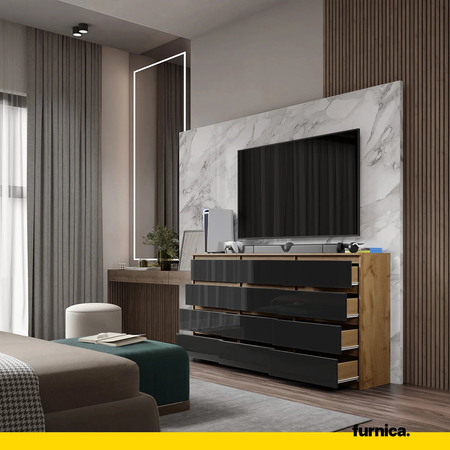 GABRIEL - Kommode / Sideboard mit 12 Schubladen (8+4) - Wotan Eiche / Schwarz Gloss H92cm B180cm T33cm – Furnica