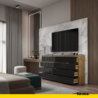 GABRIEL - Kommode / Sideboard mit 12 Schubladen (8+4) - Wotan Eiche / Schwarz Gloss H92cm B180cm T33cm – Furnica