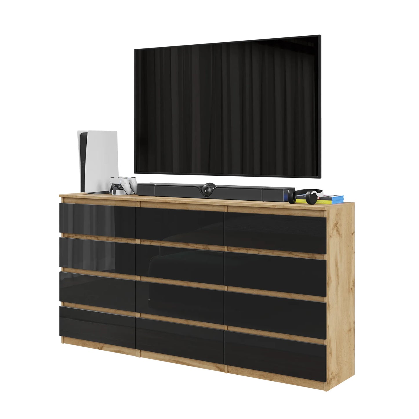 GABRIEL - Kommode / Sideboard mit 12 Schubladen (8+4) - Wotan Eiche / Schwarz Gloss H92cm B180cm T33cm – Furnica