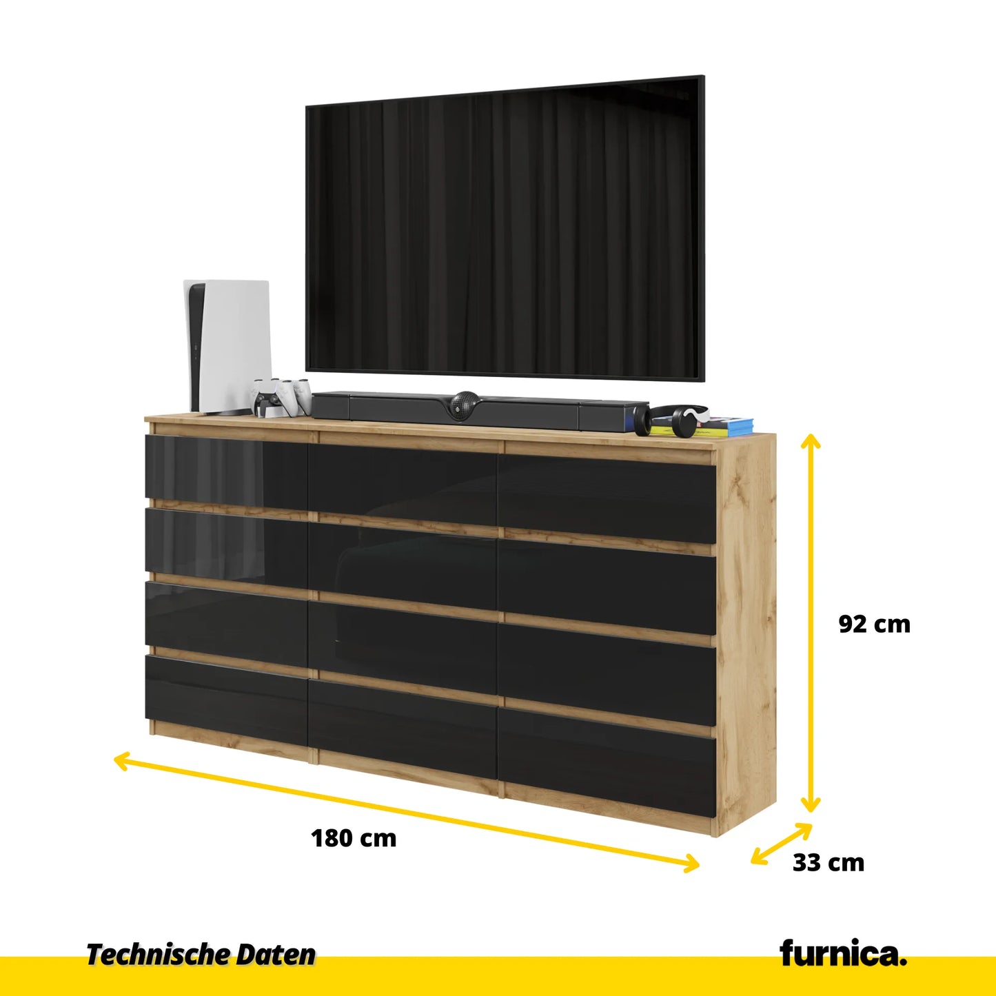 GABRIEL - Kommode / Sideboard mit 12 Schubladen (8+4) - Wotan Eiche / Schwarz Gloss H92cm B180cm T33cm – Furnica