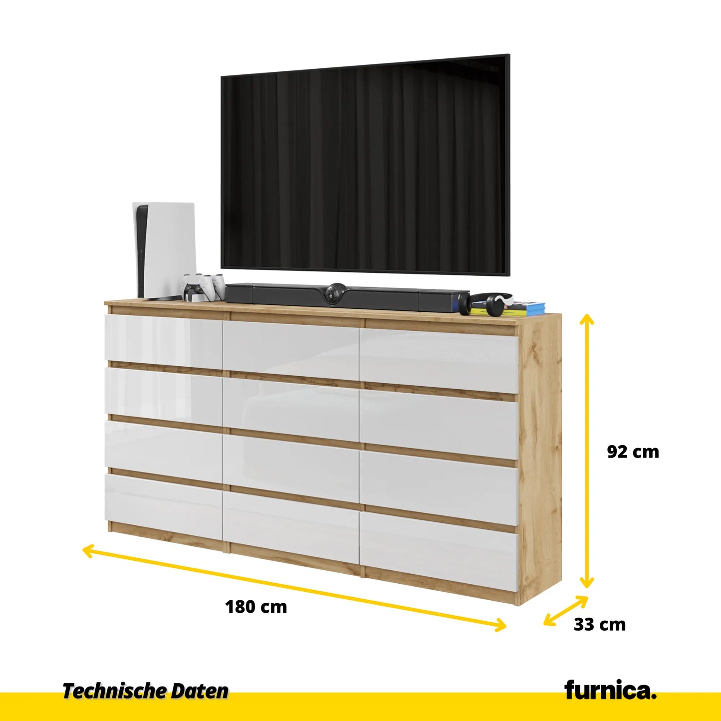GABRIEL - Kommode / Sideboard mit 12 Schubladen (8+4) - Wotan Eiche / Weiß Gloss H92cm B180cm T33cm – Furnica