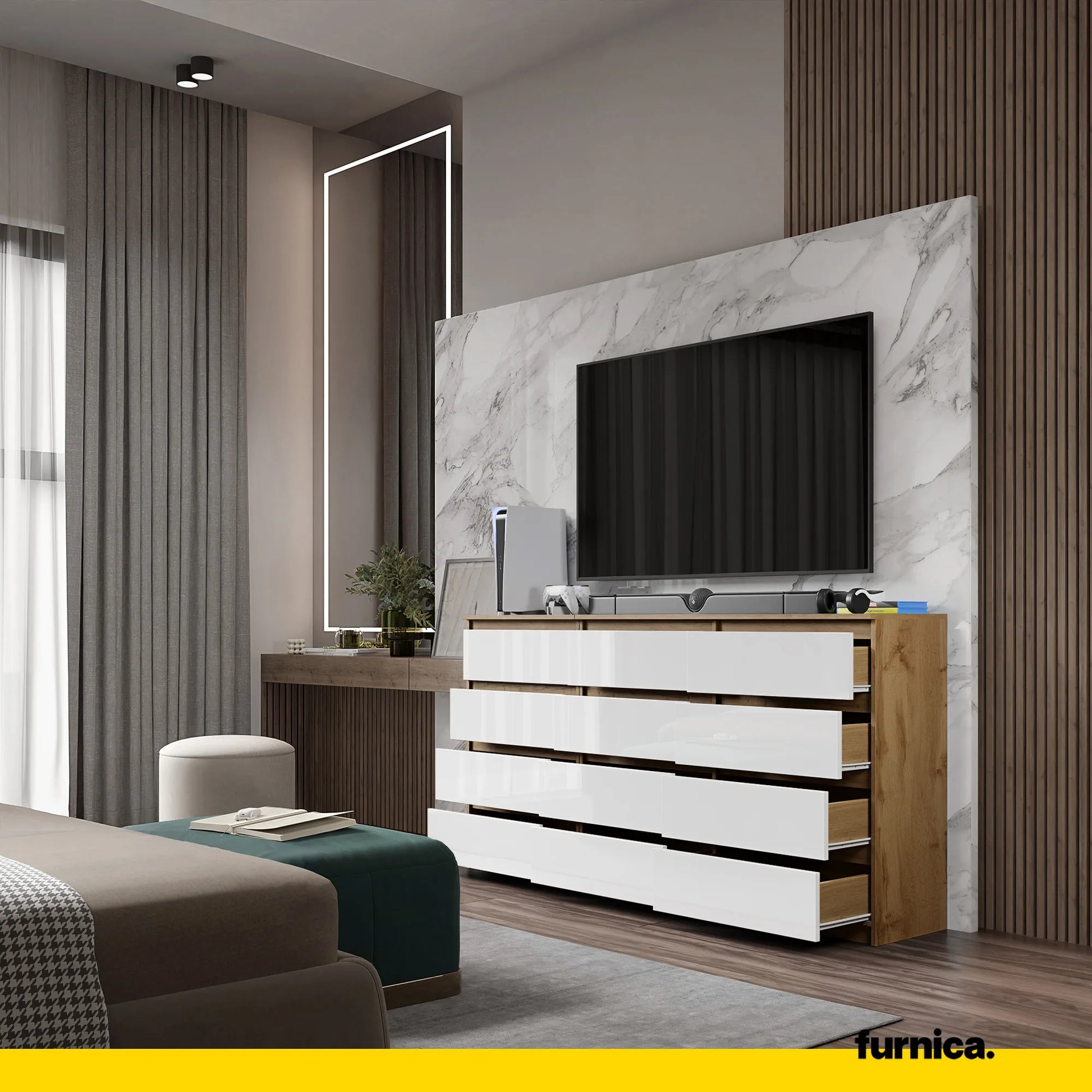 GABRIEL - Kommode / Sideboard mit 12 Schubladen (8+4) - Wotan Eiche / Weiß Gloss H92cm B180cm T33cm – Furnica