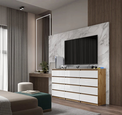 GABRIEL - Kommode / Sideboard mit 12 Schubladen (8+4) - Wotan Eiche / Weiß Gloss H92cm B180cm T33cm – Furnica