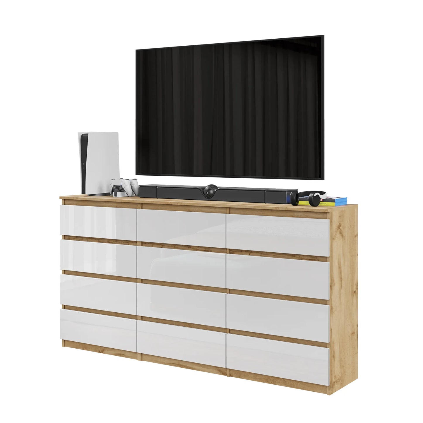 GABRIEL - Kommode / Sideboard mit 12 Schubladen (8+4) - Wotan Eiche / Weiß Gloss H92cm B180cm T33cm – Furnica