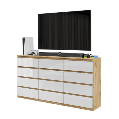 GABRIEL - Kommode / Sideboard mit 12 Schubladen (8+4) - Wotan Eiche / Weiß Gloss H92cm B180cm T33cm – Furnica