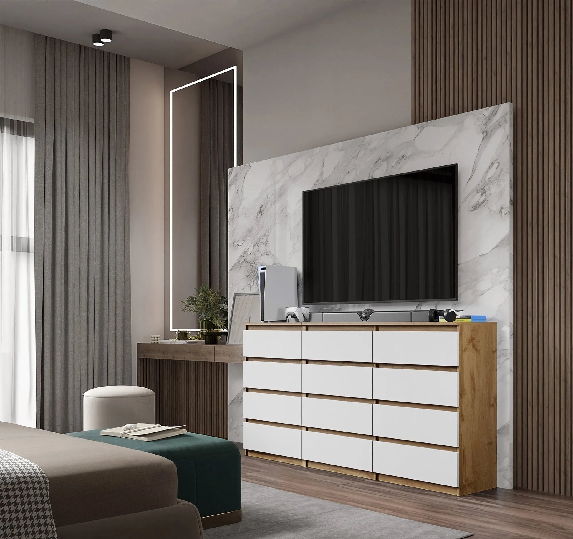 GABRIEL - Kommode / Sideboard mit 12 Schubladen (8+4) - Wotan Eiche / Weiß Matt H92cm B180cm T33cm – Furnica