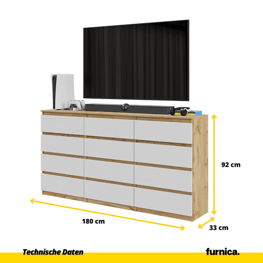 GABRIEL - Kommode / Sideboard mit 12 Schubladen (8+4) - Wotan Eiche / Weiß Matt H92cm B180cm T33cm – Furnica