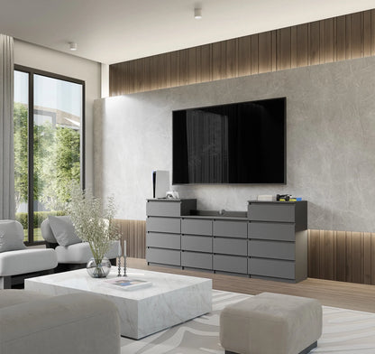 GABRIEL - Kommode / Sideboard mit 14 Schubladen (4+6+4) -  Anthrazit Grau H92/70cm B220cm T33cm – Furnica