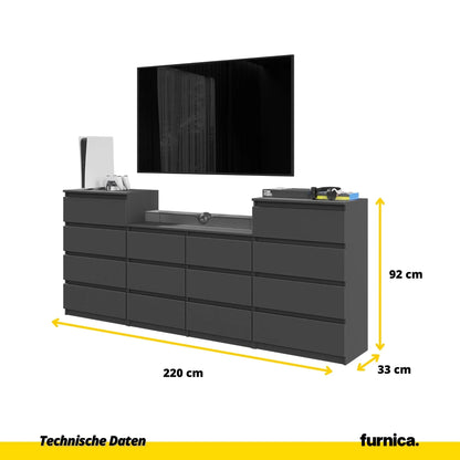 GABRIEL - Kommode / Sideboard mit 14 Schubladen (4+6+4) -  Anthrazit Grau H92/70cm B220cm T33cm – Furnica