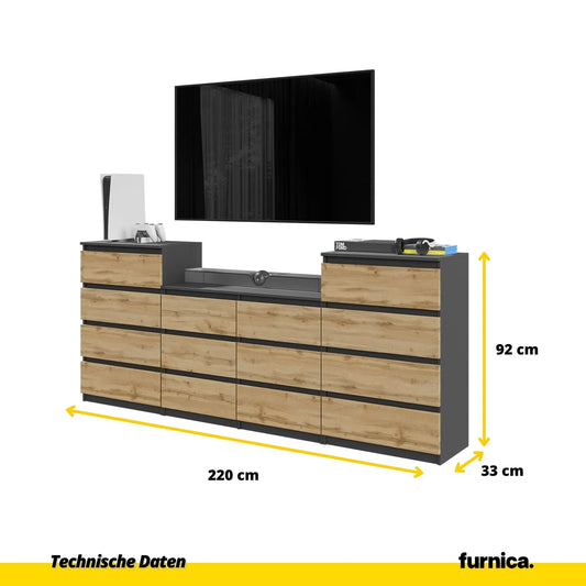 GABRIEL - Kommode / Sideboard mit 14 Schubladen (4+6+4) -  Anthrazit Grau / Wotan Eiche H92/70cm B220cm T33cm – Furnica