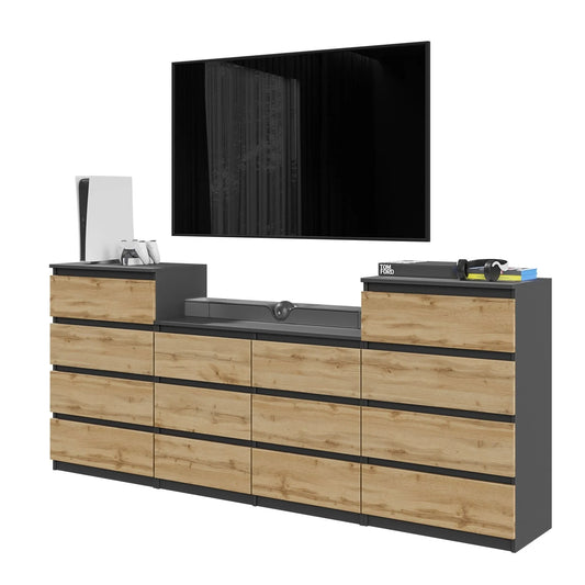 GABRIEL - Kommode / Sideboard mit 14 Schubladen (4+6+4) -  Anthrazit Grau / Wotan Eiche H92/70cm B220cm T33cm – Furnica
